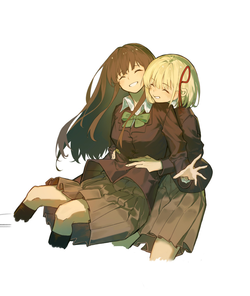 2girls, ^_^, absurdres, black_hair, black_jacket, black_socks, blonde_hair, blush, bob_cut, bow, bowtie, chinese_commentary, closed_eyes, collared_shirt, commentary_request, cropped_legs, dkl_(dinosaurkl2), floating_hair, green_bow, green_bowtie, grey_skirt, hair_ribbon, highres, hug, hug_from_behind, inoue_takina, jacket, kneehighs, long_hair, looking_at_viewer, lycoris_recoil, multiple_girls, nishikigi_chisato, open_mouth, pleated_skirt, red_ribbon, ribbon, school_uniform, shirt, short_hair, sidelocks, simple_background, skirt, smile, socks, white_background, white_shirt, yuri