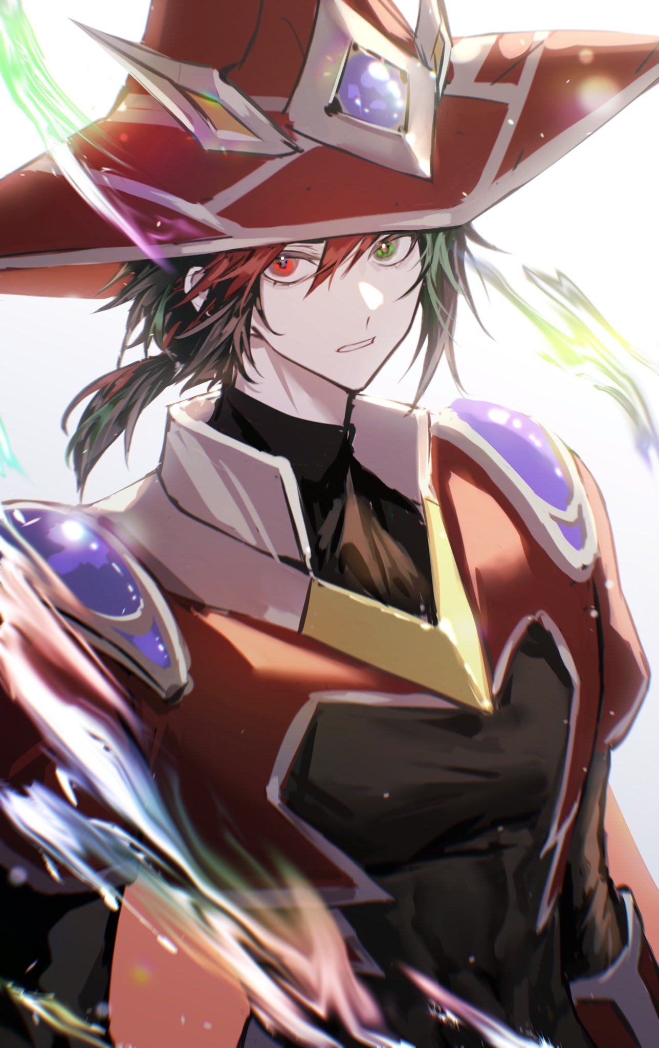 1boy, double_iris_magician, duel_monster, green_eyes, green_hair, hat, heterochromia, highres