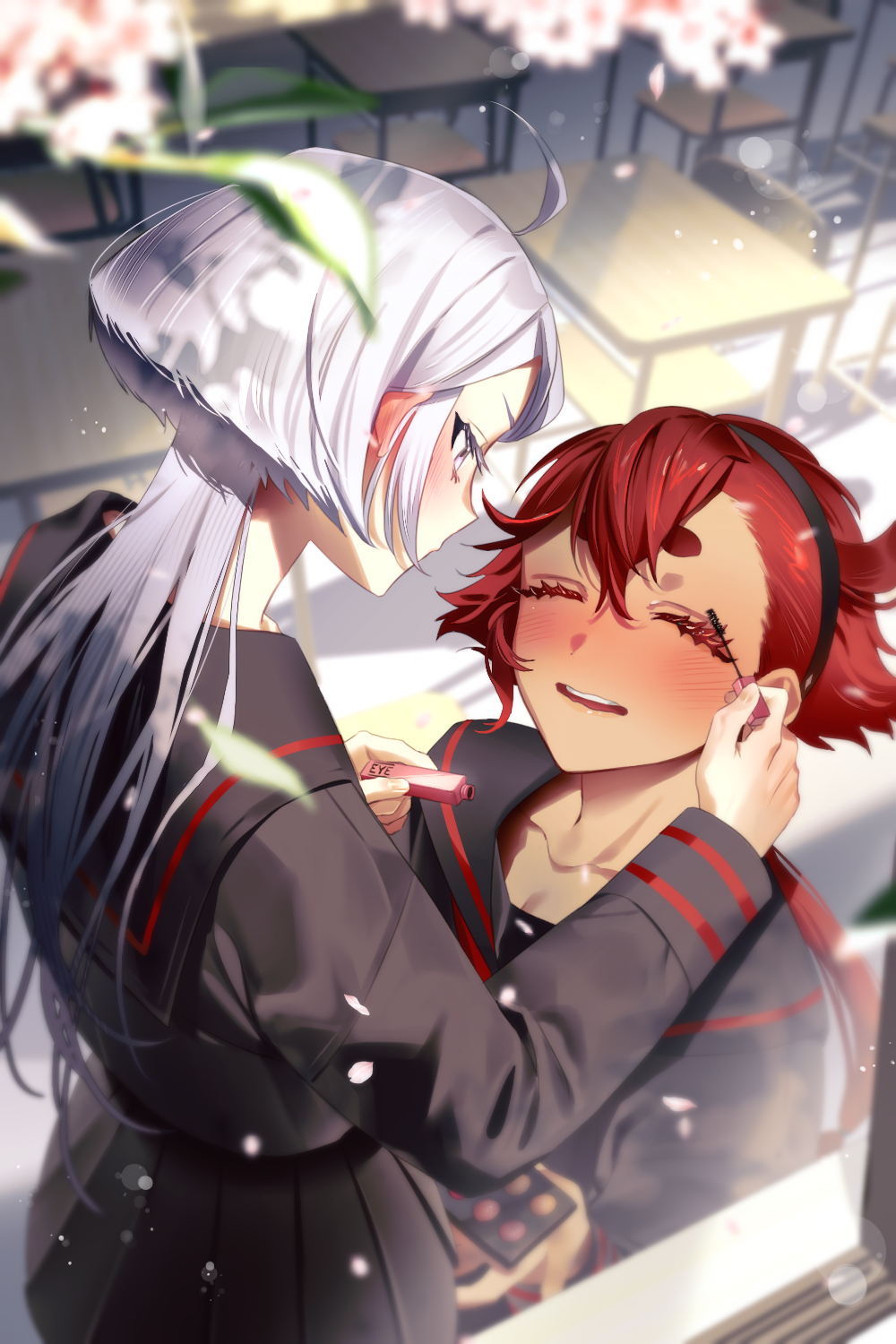 2girls, ahoge, applying_makeup, black_hairband, black_serafuku, blurry, blush, cherry_blossoms