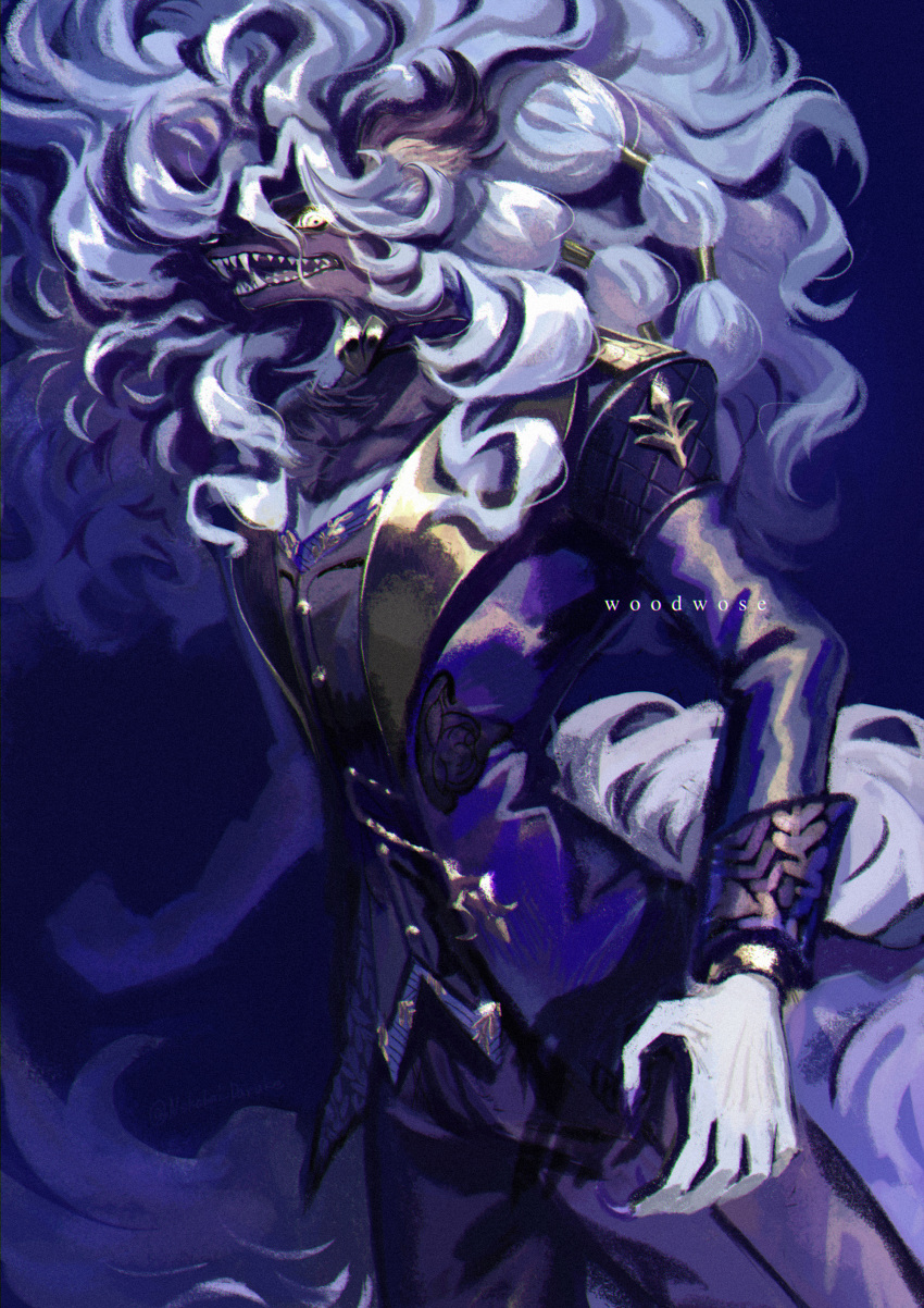 1boy, absurdres, animal_ears, black_suit, blue_background, character_name, clenched_hand, commentary_request