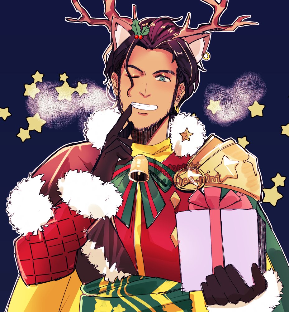 1boy, aged_up, antlers, armor, artist_name, beard_stubble, blue_background, claude_von_riegan