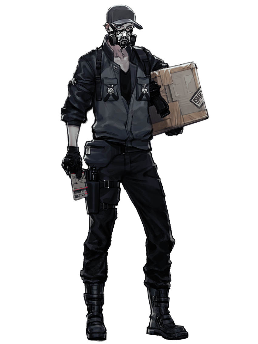 1boy, black_footwear, black_gloves, black_headwear, black_pants, boots, box, dairoku_ryouhei, full_body, gas_mask, gloves, grey_jacket, gun, highres, holding, holding_box, holster, jacket, k0gam1, looking_at_viewer, male_focus, mask, pants, pocket, pouch, shoulder_holster, solo, sora_fujimine, standing, thigh_holster, thigh_strap, transparent_background, weapon