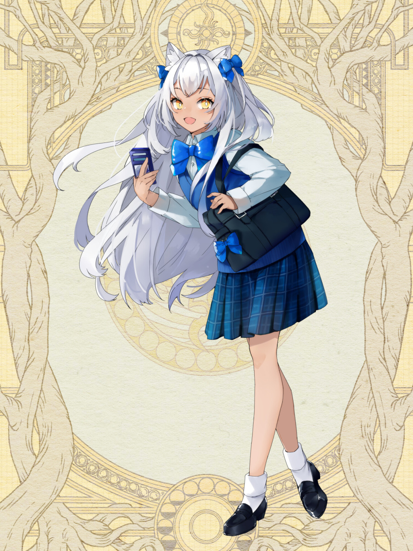 1girl, animal_ears, bag, black_footwear, blue_bow, blue_skirt, blue_sweater_vest, bow