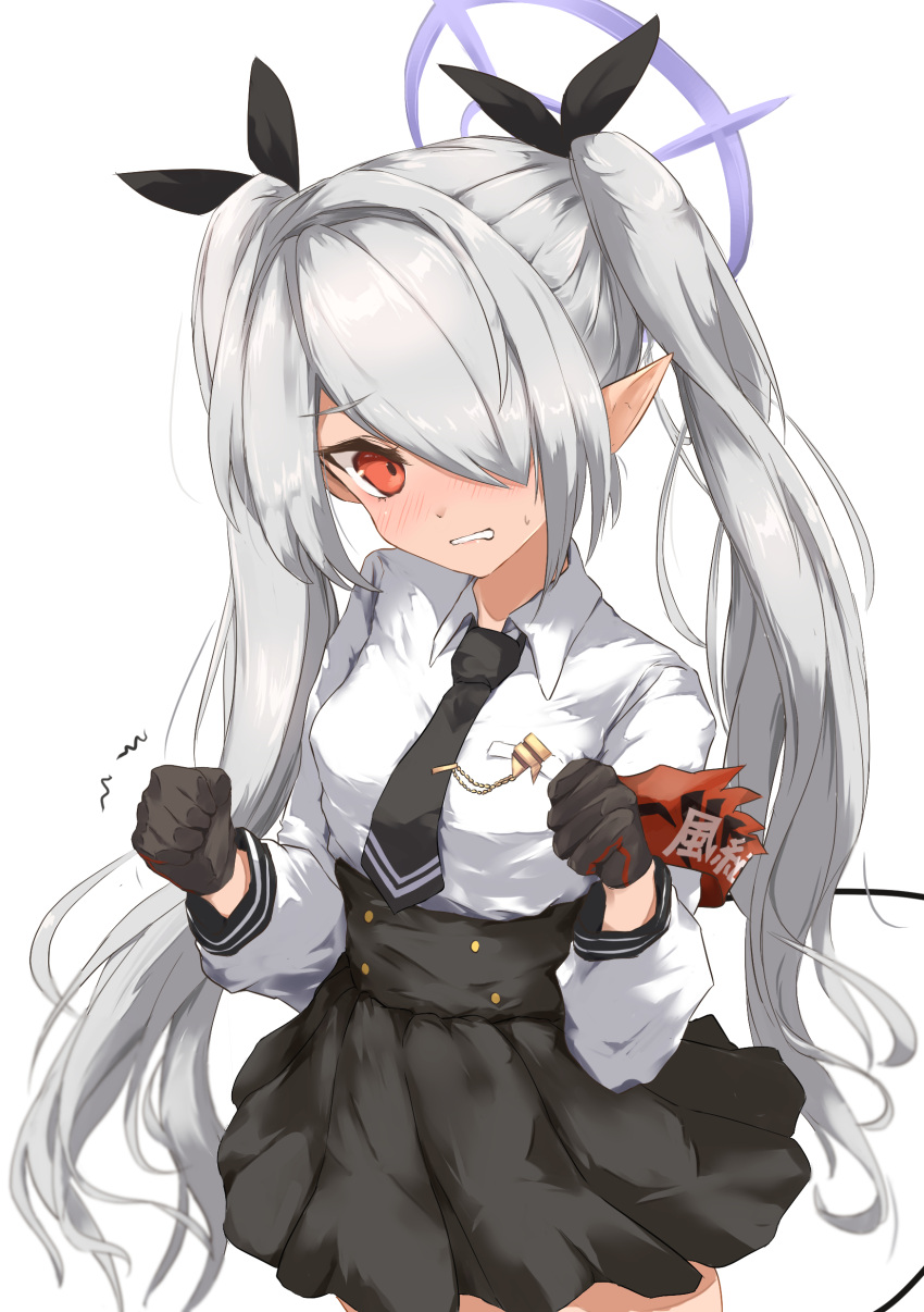 1girl, absurdres, black_bow, black_gloves, black_necktie, black_skirt, blue_archive, bow, collared_shirt, dark-skinned_female, dark_skin, gloves, hair_bow, hair_over_one_eye, halo, highres, iori_(blue_archive), karefu, long_hair, looking_at_viewer, necktie, pointy_ears, red_eyes, shirt, sidelocks, skirt, solo, white_background, white_shirt