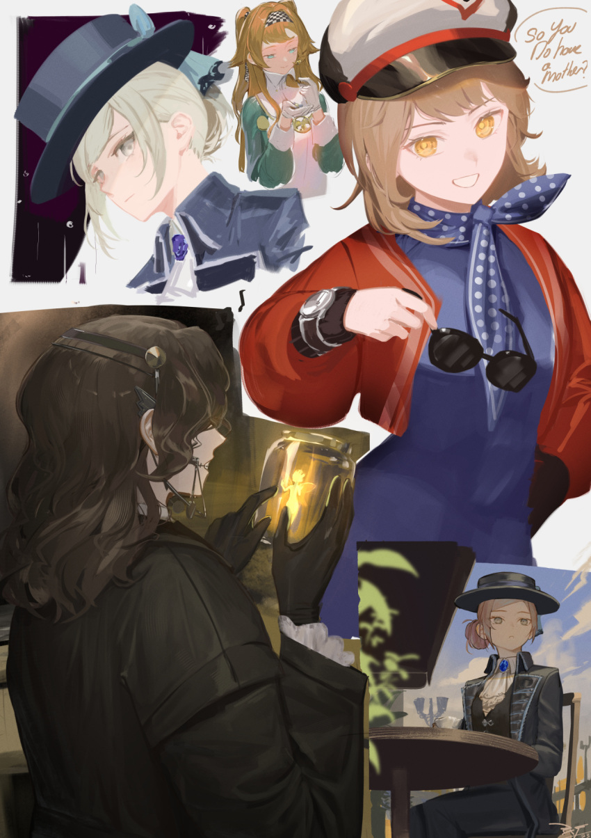 braces, checkered_hairband, closed_mouth, collared_shirt, english_text, ex-trident, fairy, feet_out_of_frame, from_side, gloves, hair_bun, hat, highres, holding, holding_jar, holding_removed_eyewear, jacket, jar, jewelry, looking_at_hand, looking_at_object, looking_at_viewer, looking_to_the_side, multiple_girls, multiple_views, parted_bangs, polka_dot, polka_dot_scarf, regulus_(reverse:1999), reverse:1999, round_table, scarf, shirt, single_hair_bun, sitting, smile, sonetto_(reverse:1999), sunglasses, table, tooth_fairy_(reverse:1999), top_hat, unworn_eyewear, upper_body, vertin_(reverse:1999), waistcoat, watch, watch