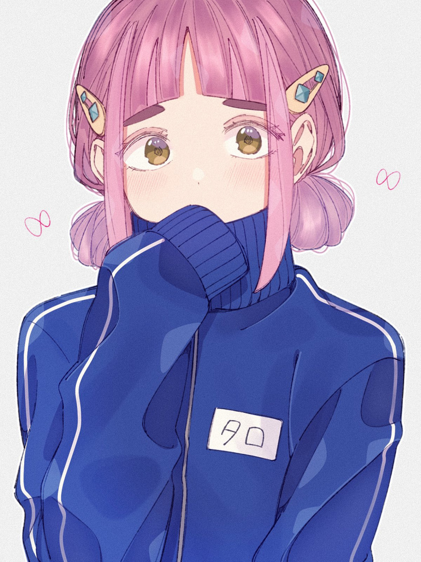 1girl, alternate_costume, blue_jacket, blush, brown_eyes, commentary_request, covering_mouth, double_bun
