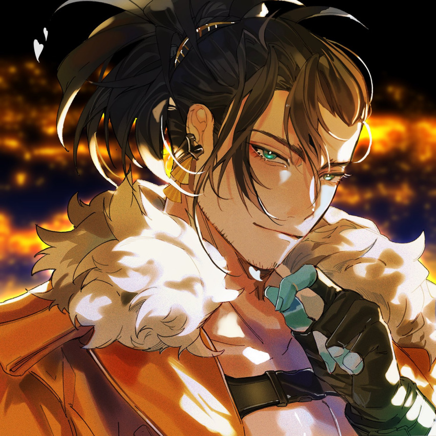 1boy, aqua_eyes, black_gloves, black_hair, blue_skin, closed_mouth, colored_skin, commentary