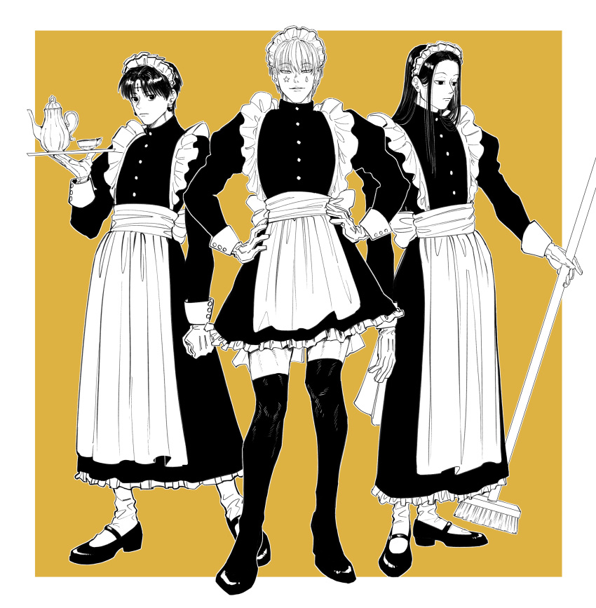 3boys, absurdres, alternate_costume, apron, arm_at_side, broom, chrollo_lucilfer, cross_print, crossdressing, cup, dress, earrings, enmaided, expressionless, facial_mark, forehead_mark, frilled_apron, frilled_dress, frills, full_body, fuse_(2sau3), gloves, greyscale_with_colored_background, hands_on_own_hips, highres, hisoka_morow, holding, holding_broom, holding_tray, hunter_x_hunter, illumi_zoldyck, jewelry, juliet_sleeves, long_dress, long_hair, long_sleeves, looking_at_viewer, maid, maid_apron, maid_headdress, male_focus, male_maid, mary_janes, monochrome, multiple_boys, outside_border, parted_bangs, puffy_sleeves, shoes, short_dress, short_hair, smirk, socks, star_(symbol), straight_hair, teacup, teapot, teardrop_facial_mark, thigh-highs, tray, waist_apron, yellow_background, yellow_theme, zettai_ryouiki