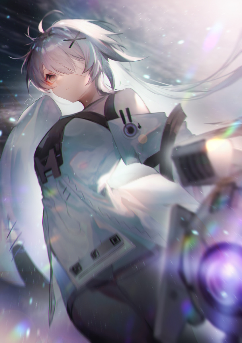 1girl, 1other, absurdres, ahoge, bandage_over_one_eye, bare_shoulders, black_pantyhose, dress