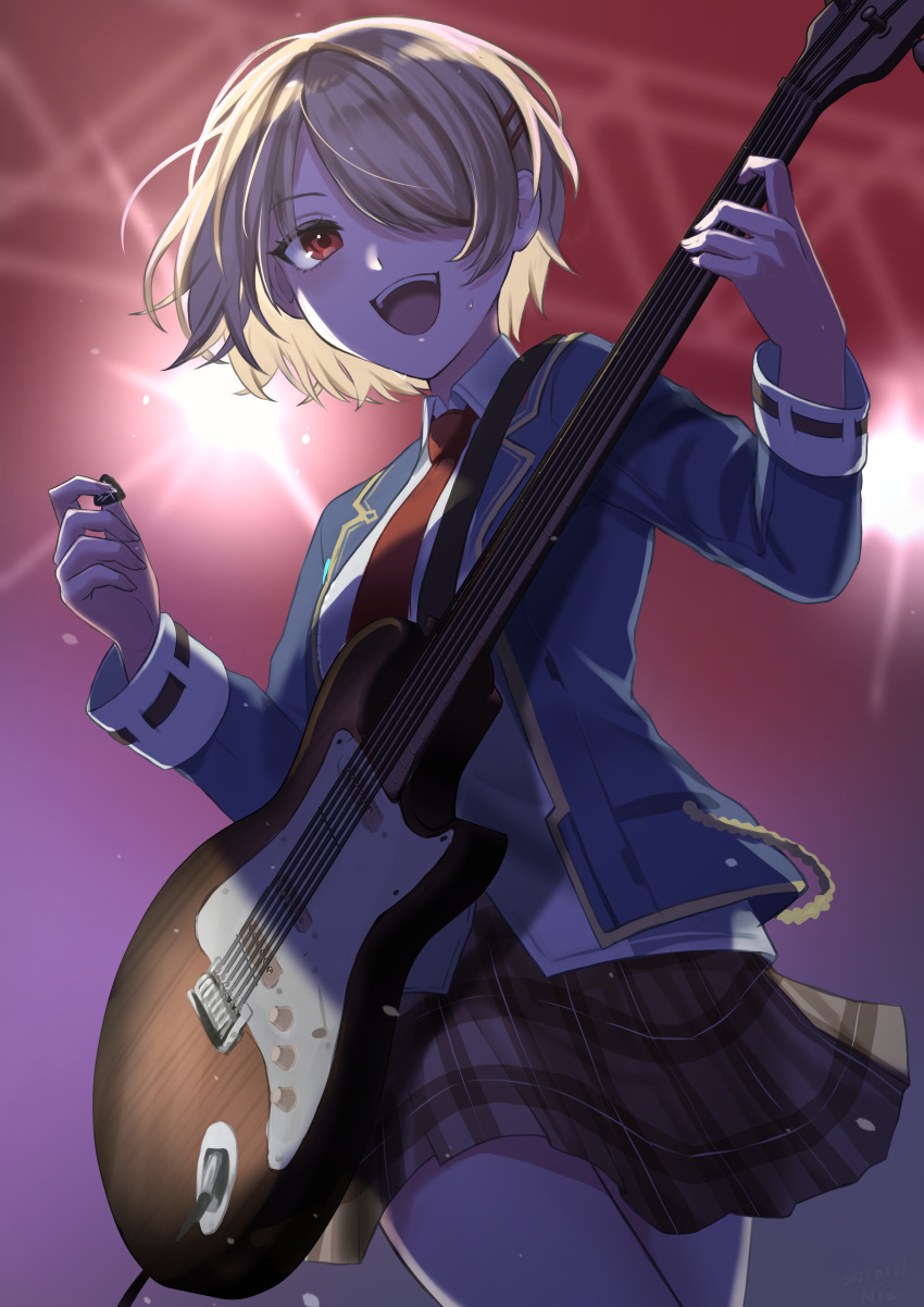1girl, absurdres, blazer, blonde_hair, collared_shirt, electric_guitar, guitar, hair_ornament