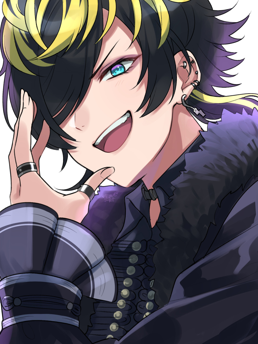 1boy, aimono_jyushi, black_hair, blonde_hair, blue_eyes, choker, collared_shirt, earrings
