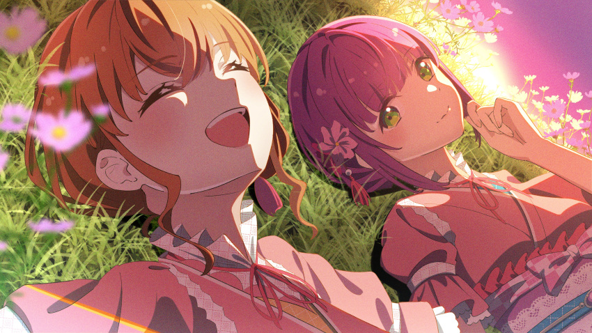 2girls, absurdres, cerise_bouquet, closed_eyes, fujiwaland, green_eyes, hair_ornament, highres