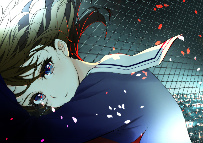 1girl, absurdres, blue_eyes, brown_hair, expressionless, highres, lavie_(cestbonlavie), long_hair, looking_at_viewer, looking_back, original, petals, school_uniform, serafuku, solo