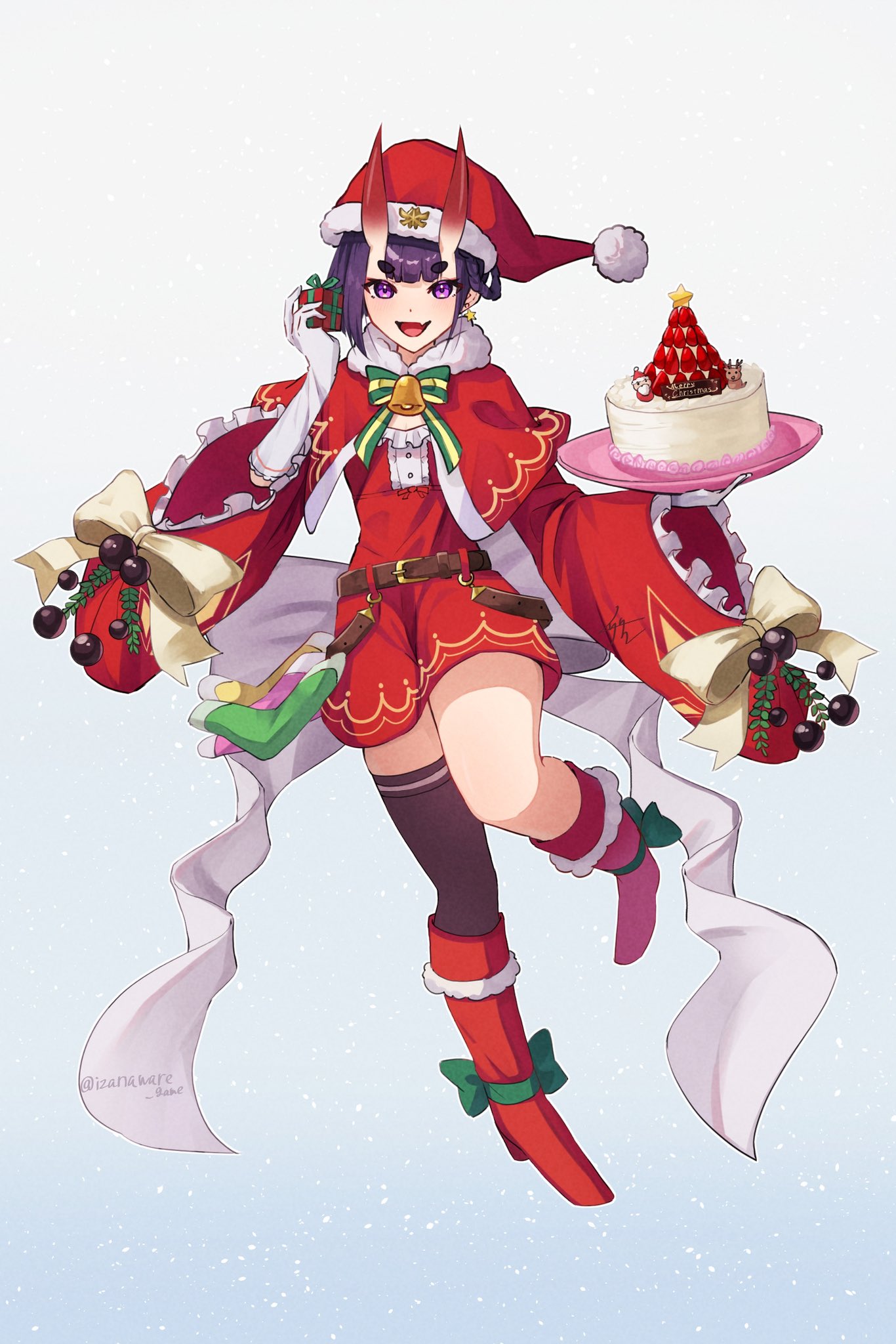 1girl, bell, belt, boots, cake, capelet, earrings, fang