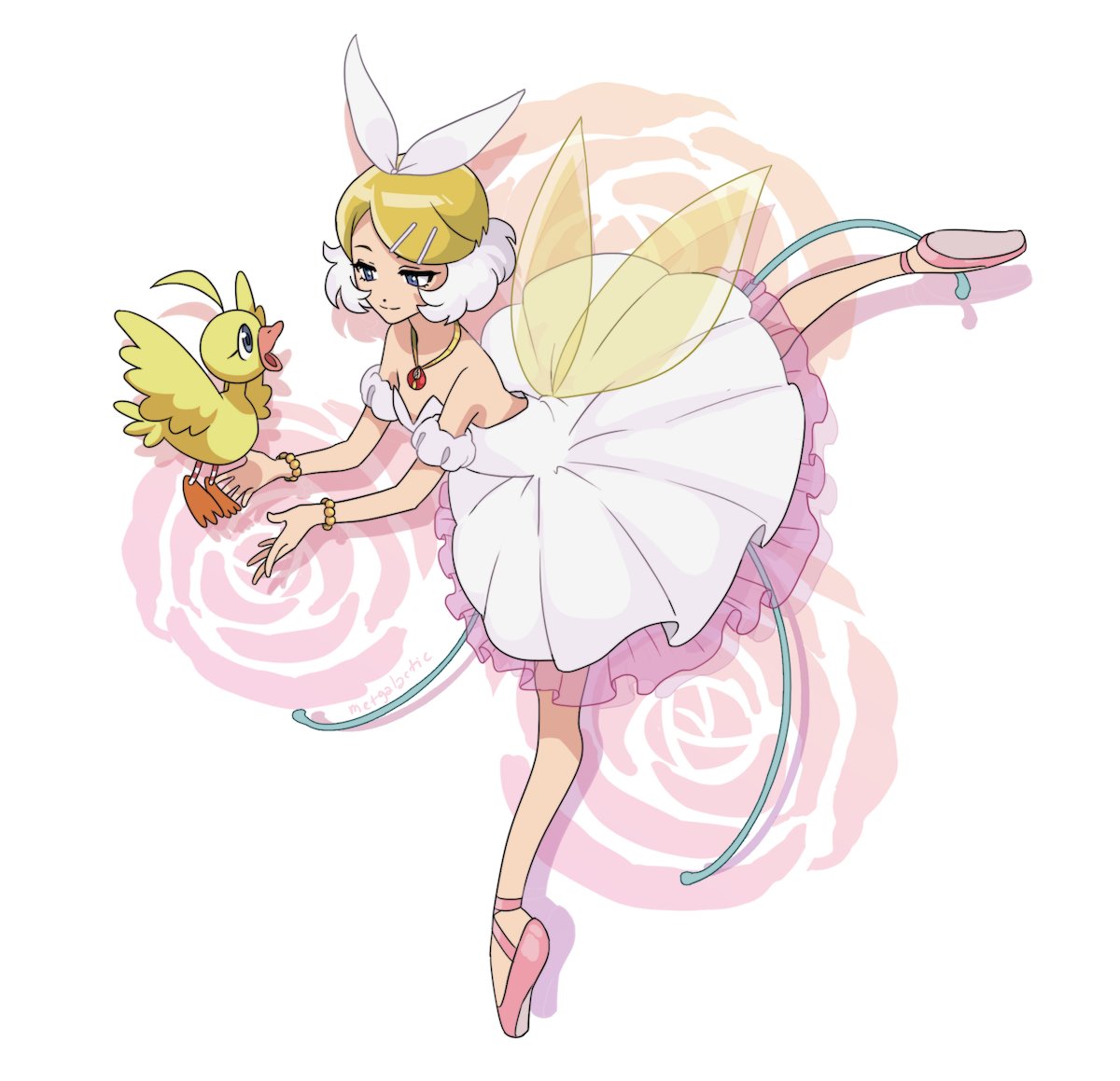 2girls, ahiru_(princess_tutu), ahoge, arabesque_(pose), arched_back, ballerina, ballet, ballet_slippers, bare_back, bare_shoulders, bird, blue_eyes, bow, bracelet, cosplay, crossover, dancing, dress, duck, en_pointe, eye_contact, fairy_wings, fake_wings, feathers, flat_chest, floral_background, footwear_ribbon, frilled_dress, frills, hair_bow, hair_ornament, hairclip, half-closed_eyes, jewelry, kagamine_rin, light_smile, long_eyelashes, looking_at_another, metgalactic, multiple_girls, necklace, off-shoulder_dress, off_shoulder, pink_footwear, princess_tutu, princess_tutu_(character), princess_tutu_(character)_(cosplay), rose_background, see-through, skinny, smile, swept_bangs, transparent_wings, tutu, vocaloid, white_bow, white_dress, wings, yellow_feathers