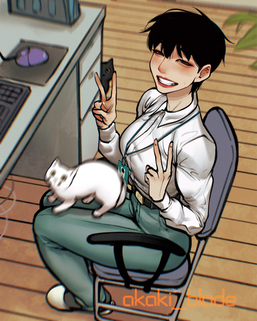 1girl, areola_slip, ayaki_d, black_hair, breasts, cat, chair, commentary_request, desk, double_v, green_pants, grin, half-closed_eyes, highres, id_card, keyboard_(computer), lanyard, medium_breasts, motion_blur, mouse_(computer), office_lady, original, pants, short_hair, sitting, slippers, smile, tomoka_(ayaki), toned, twitter_username, v, wooden_floor