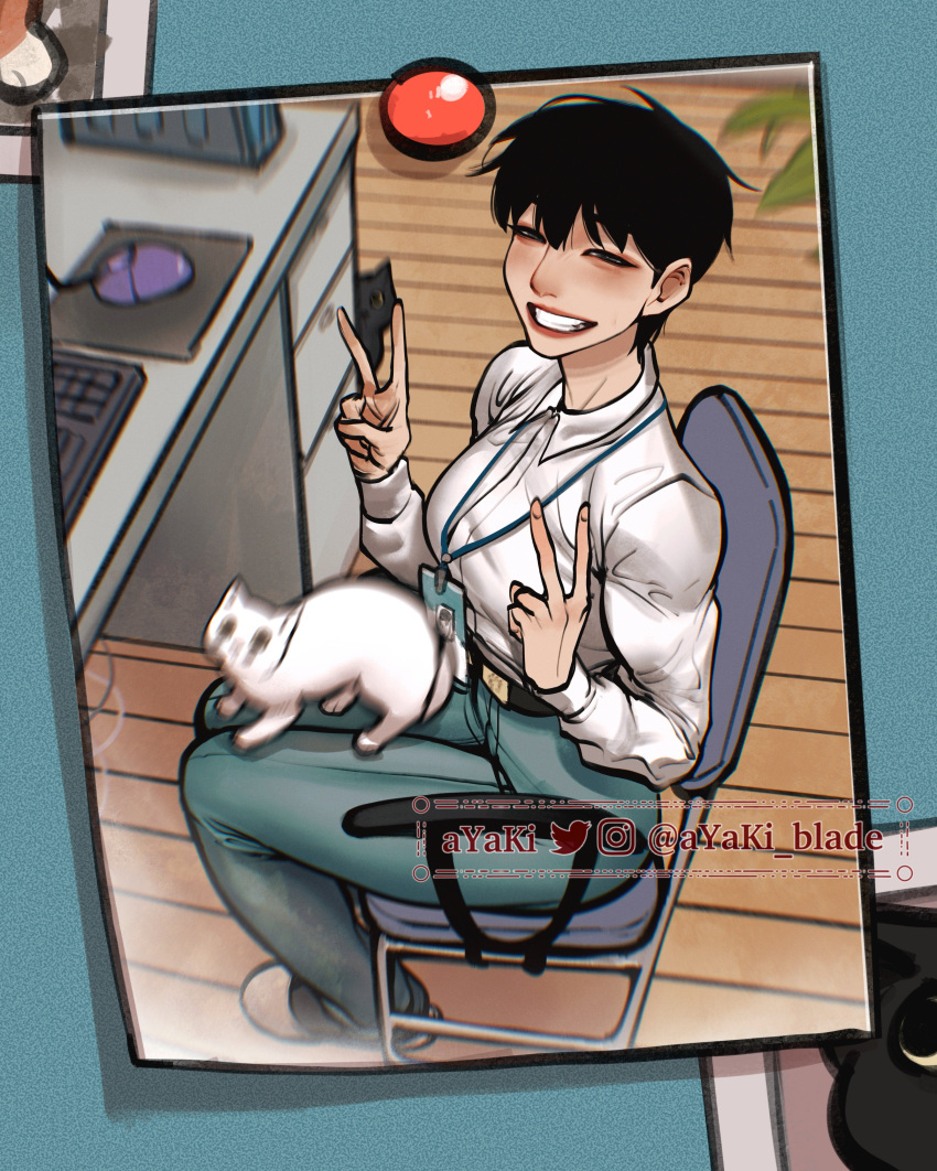 1girl, absurdres, areola_slip, artist_name, ayaki_d, black_hair, breasts, cat