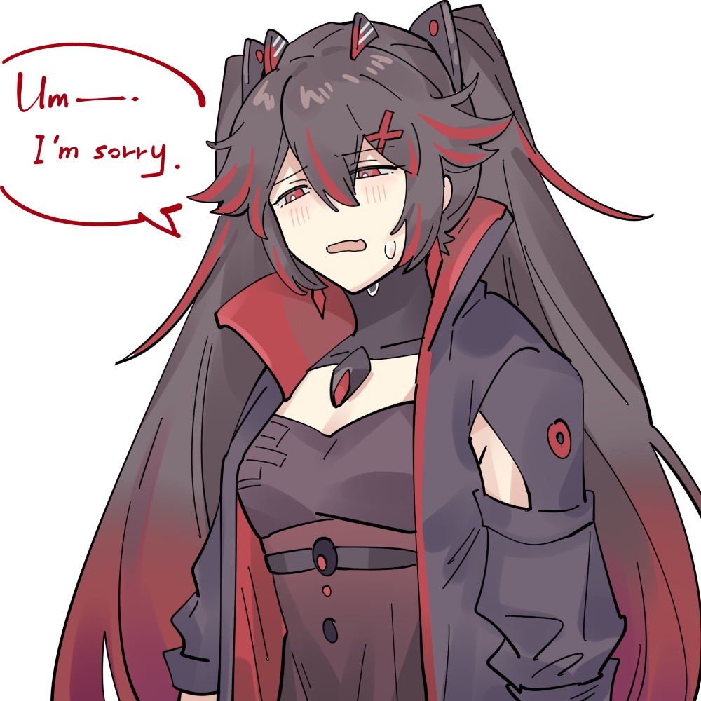 1girl, black_dress, black_hair, black_jacket, blush, cleavage_cutout, clothing_cutout, dress, embarrassed, fake_horns, gradient_hair, hair_between_eyes, horns, jacket, long_hair, long_sleeves, lucia:_plume_(eventide_glow)_(punishing:_gray_raven), lucia_(punishing:_gray_raven), multicolored_hair, open_mouth, parted_bangs, punishing:_gray_raven, red_eyes, redhead, sidelocks, small_horns, solo, sorry, streaked_hair, sweatdrop, twintails, very_long_hair, white_background, zocehuy