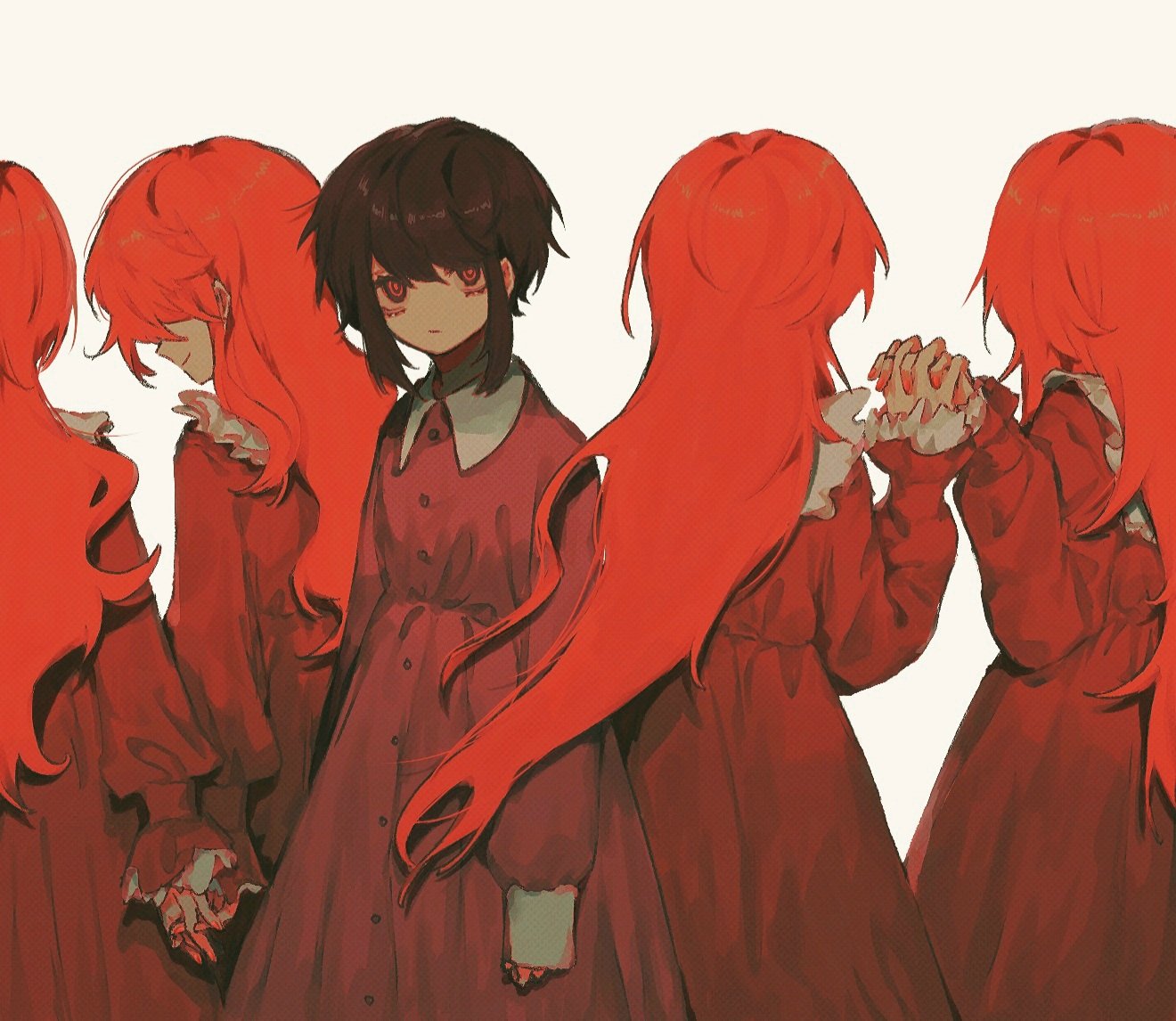 5girls, arms_at_sides, brown_hair, closed_mouth, collared_dress, couple, cowboy_shot, dress, facing_away, hand_up, interlocked_fingers, long_hair, long_sleeves, looking_at_viewer, multiple_girls, odd_one_out, original, profile, puffy_long_sleeves, puffy_sleeves, red_dress, red_eyes, red_theme, redhead, ringed_eyes, short_hair, sidelocks, simple_background, sleeves_past_wrists, smile, solo_focus, standing, taezuodoru_0, very_long_hair, white_background, yuri