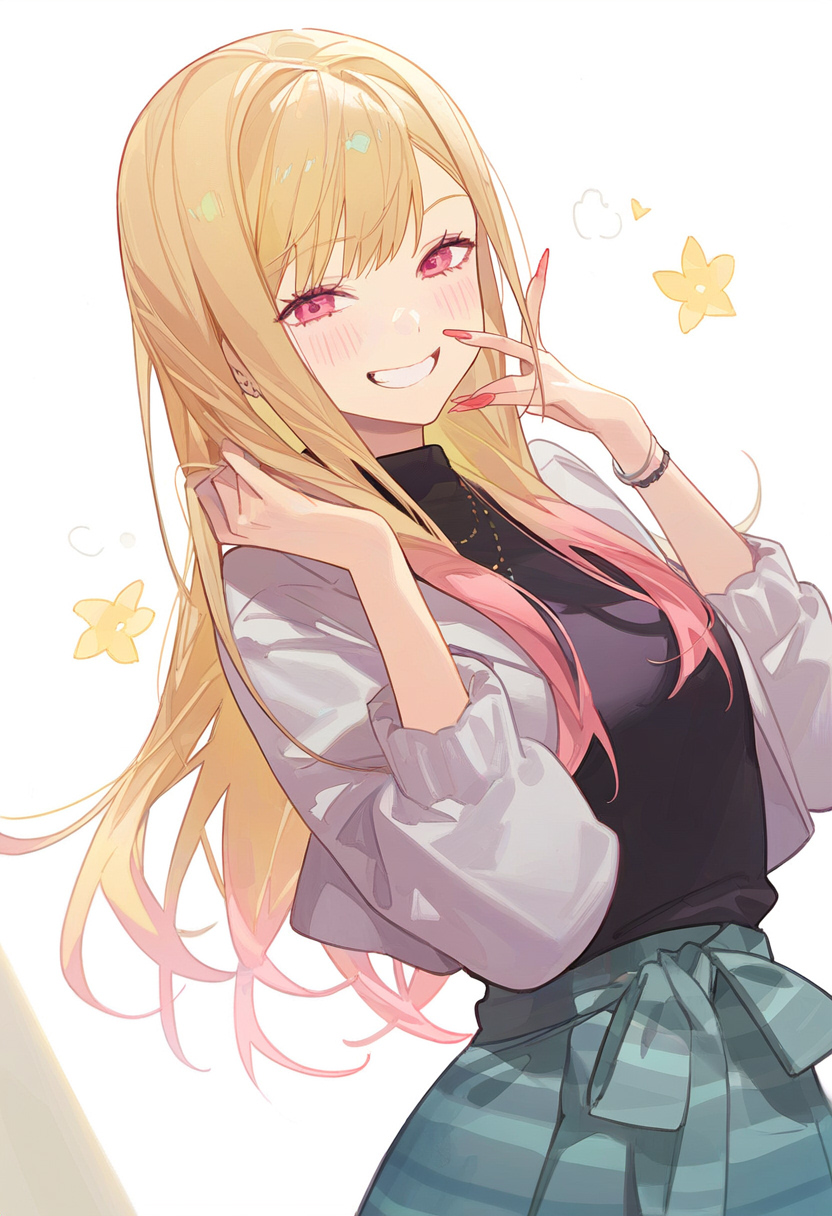 1girl, black_sweater, blonde_hair, blue_skirt, fake_nails, highres, kitagawa_marin, long_hair