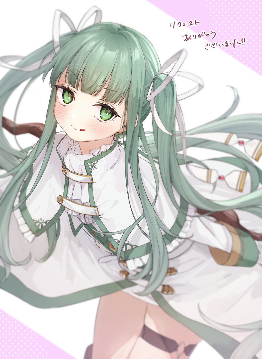 1girl, :q, absurdres, capelet, commission, green_eyes, green_hair, hair_ribbon, highres, holding, holding_staff, honotai, looking_at_viewer, mahou_shoujo_tyrant_sylph, original, ribbon, second-party_source, solo, staff, thigh_strap, tongue, tongue_out, twintails, white_capelet, white_ribbon