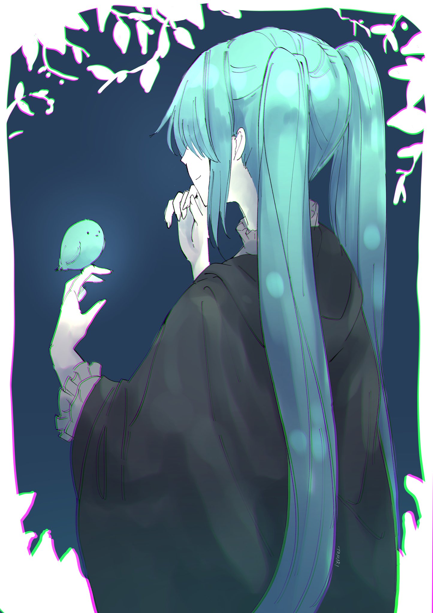 ._., 2girls, aqua_feathers, aqua_hair, artist_name, back, bird, bird_on_hand