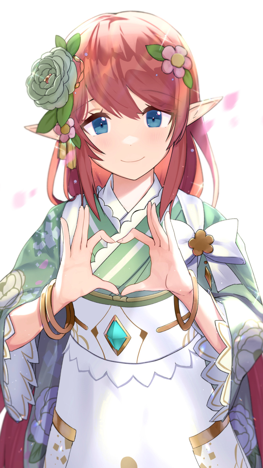 1girl, absurdres, blue_eyes, blush, bracelet, brown_hair, flower, hair_flower