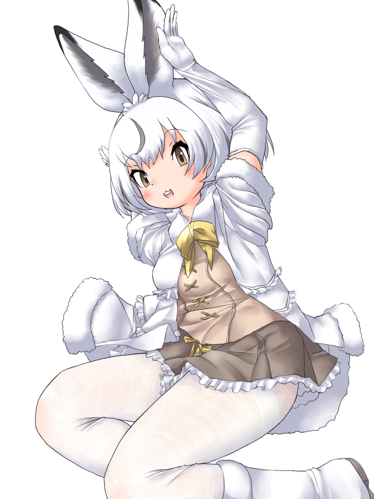 1girl, animal_ears, blush, boots, bow, bowtie, brown_eyes, brown_hair, brown_shirt, brown_skirt, coat, elbow_gloves, extra_ears, ezo_mountain_hare_(kemono_friends), frilled_skirt, frills, fur_trim, gloves, highres, kemono_friends, looking_at_viewer, multicolored_hair, pantyhose, pleated_skirt, rabbit_ears, rabbit_girl, rabbit_tail, shirt, short_hair, short_sleeves, sidelocks, skirt, solo, tail, two-tone_hair, uf34a, white_coat, white_footwear, white_fur, white_gloves, white_hair, white_pantyhose, yellow_bow, yellow_bowtie
