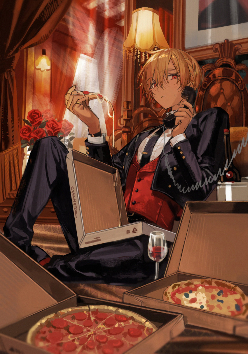 1boy, absurdres, alcohol, belt, black_belt, black_jacket, black_necktie, black_pants, bottle, braid, bucket, butler_(nana_tetra), chair, cheese_trail, closed_mouth, collared_shirt, corded_phone, cropped_jacket, cuff_links, curtains, dark-skinned_male, dark_skin, flower, food, fringe_trim, hair_between_eyes, highres, holding, holding_phone, indoors, jacket, jewelry, knee_up, lamp, long_sleeves, male_focus, nana_tetra, necktie, orange_hair, original, pants, pepperoni, phone, picture_frame, pizza, pizza_box, pizza_slice, portrait_(object), red_eyes, red_flower, red_rose, red_vest, ring, rose, shirt, short_hair, side_braid, sitting, solo, stairs, sweat, talking_on_phone, tie_clip, vest, wall_lamp, white_shirt, window, wine_bottle