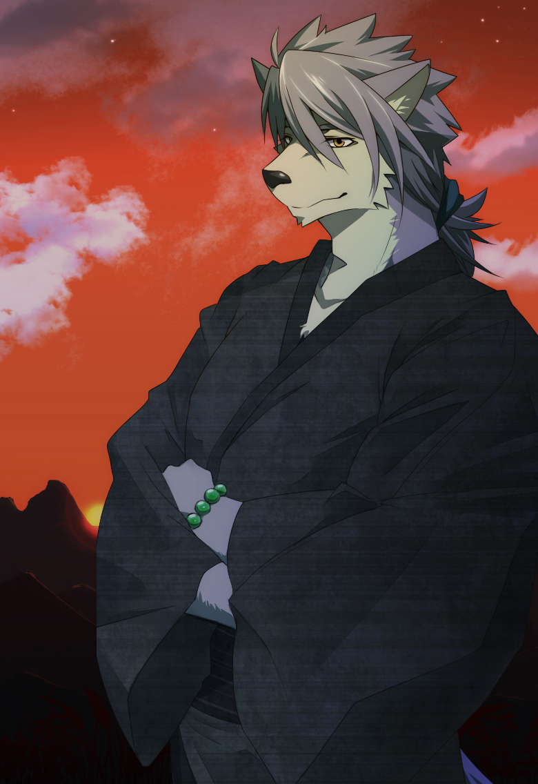 1boy, animal_ears, black_kimono, clouds, commentary_request, crossed_arms, dog_boy, dog_ears