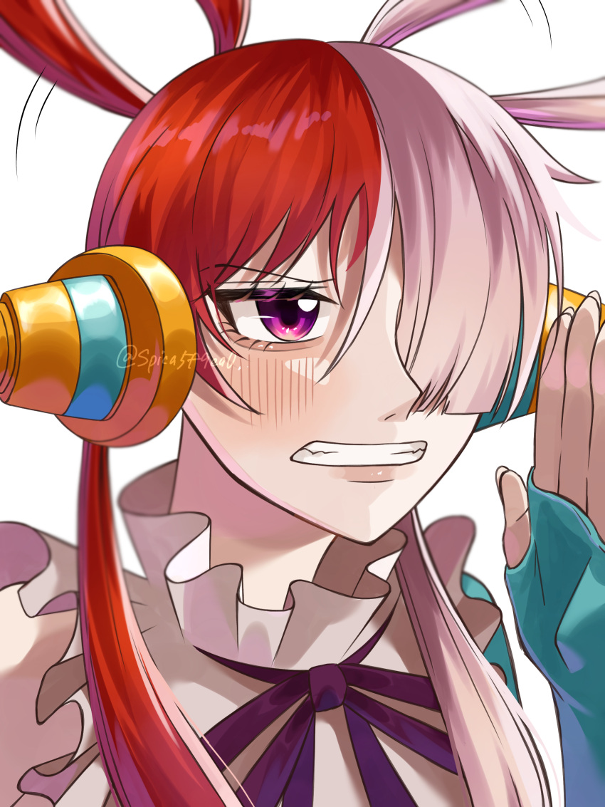 1girl, absurdres, blue_gloves, blush, clenched_teeth, commentary_request, fingerless_gloves, gloves