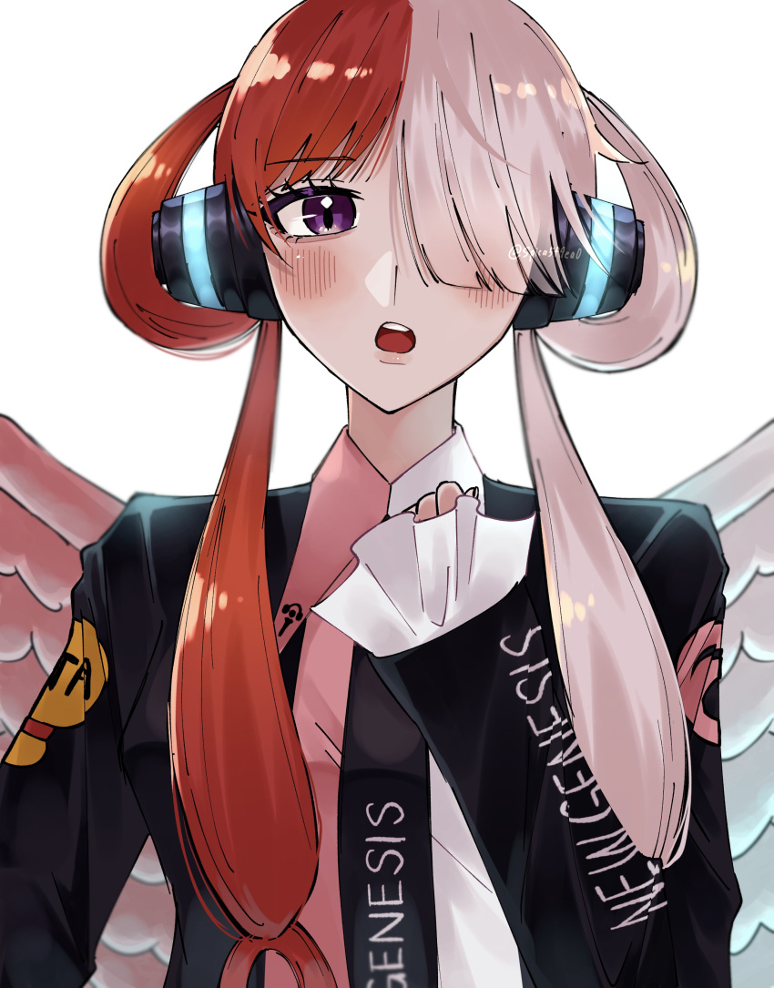 1girl, absurdres, black_jacket, black_necktie, blush, collared_shirt, commentary, hair_over_one_eye
