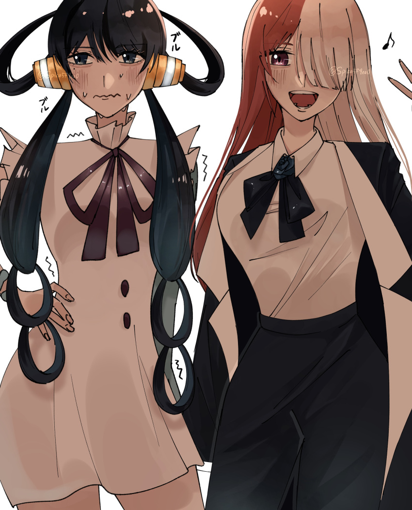 2girls, absurdres, ado_(utaite), black_bow, black_bowtie, black_coat, black_hair, black_pants