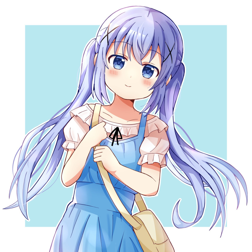 1girl, alternate_costume, alternate_hairstyle, blue_dress, blue_eyes, blue_hair, blush, border
