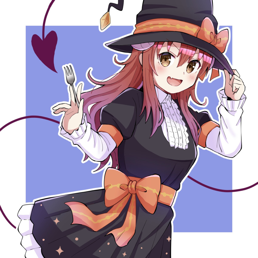 1girl, :d, alternate_costume, black_dress, black_headwear, blue_background, blush, border