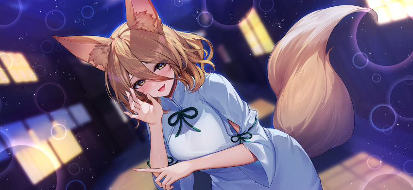 1girl, :d, alley, animal_ear_fluff, animal_ears, blonde_hair, building, dress