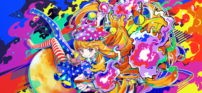 1girl, american_flag_dress, american_flag_legwear, blonde_hair, blue_dress, blue_leggings, blush, clownpiece