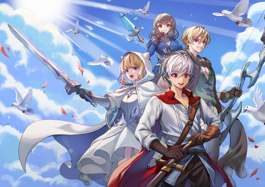 2boys, 2girls, arrow_(projectile), bag, belt, bird, blonde_hair, blue_eyes