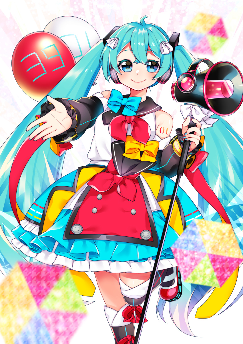 1girl, 39, absurdres, balloon, blue_eyes, blue_hair, blush, boots