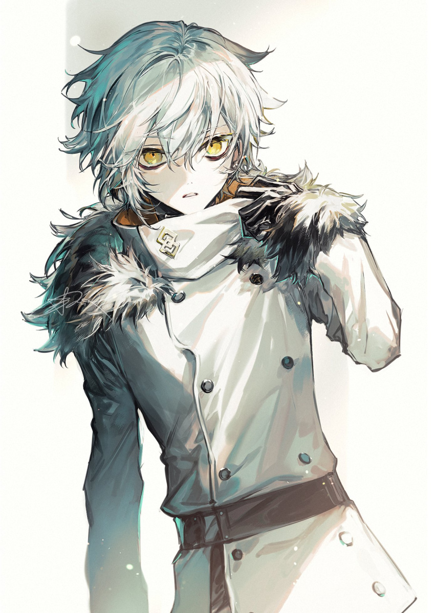 1boy, bags_under_eyes, belt, black_belt, black_gloves, coat, earrings, fate/grand_order