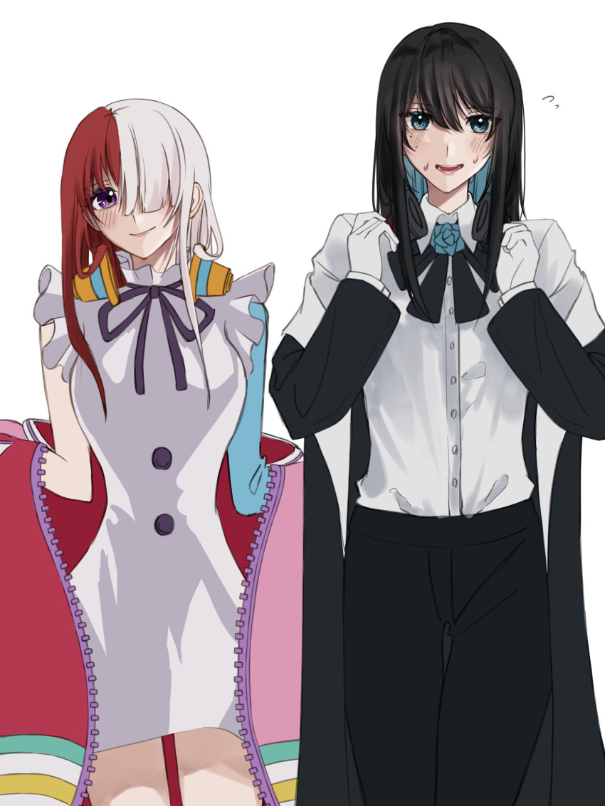 2girls, ado_(utaite), black_bow, black_bowtie, black_coat, black_hair, black_pants, blue_eyes, blue_flower, blue_hair, blue_rose, blush, bow, bowtie, chando_(ado), closed_mouth, cloud_nine_inc, coat, collared_shirt, colored_inner_hair, commentary_request, dress, dress_shirt, flower, flower_brooch, gloves, hair_between_eyes, hair_over_one_eye, highres, jacket, long_hair, long_sleeves, looking_at_viewer, mole, mole_under_eye, multicolored_hair, multiple_girls, neck_ribbon, off_shoulder, one_piece, one_piece_film:_red, open_clothes, open_coat, open_jacket, open_mouth, pants, pink_jacket, purple_ribbon, redhead, ribbon, rose, shirt, sidelocks, simple_background, sleeveless, sleeveless_dress, spica_(spica5f9ea0), split-color_hair, sweatdrop, teeth, two-tone_hair, uta_(one_piece), utaite, violet_eyes, voice_actor_connection, white_background, white_dress, white_gloves, white_hair, white_shirt
