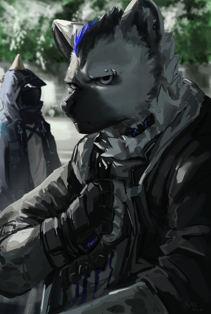 1boy, 1other, arknights, artist_name, ashu_monster, black_cloak, black_jacket, bush, cloak, dated, doctor_(arknights), ear_piercing, english_commentary, eyebrow_piercing, fingerless_gloves, furry, furry_male, gloves, hand_on_own_chest, hood, hood_down, hooded_cloak, hooded_jacket, hyena_boy, hyena_ears, infection_monitor_(arknights), jacket, looking_at_viewer, multicolored_hair, piercing, spot_(arknights), streaked_hair