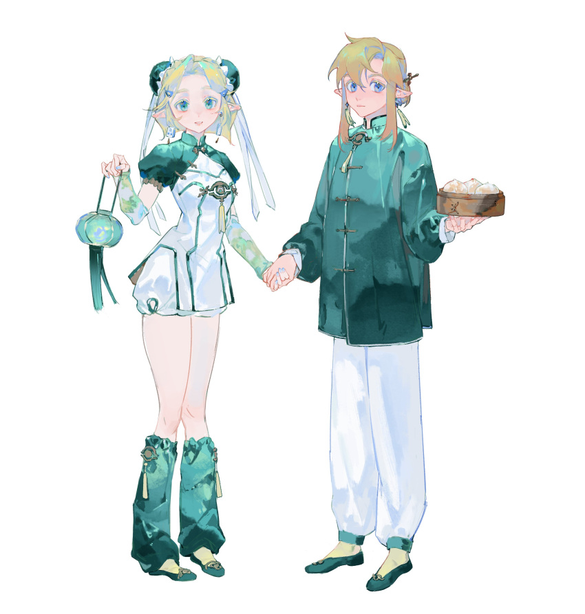1boy, 1girl, absurdres, alternate_hairstyle, aqua_eyes, aqua_nails, arm_warmers, bamboo_steamer