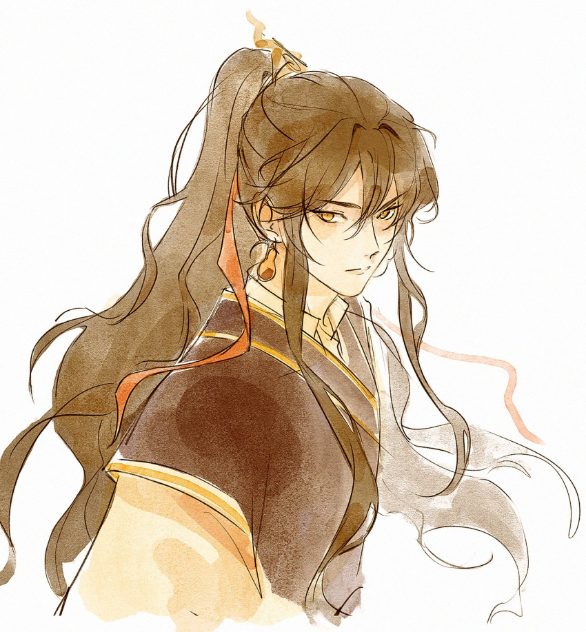 1boy, brown_hair, brown_robe, chinese_clothes, closed_mouth, earrings, english_commentary, gold_earrings