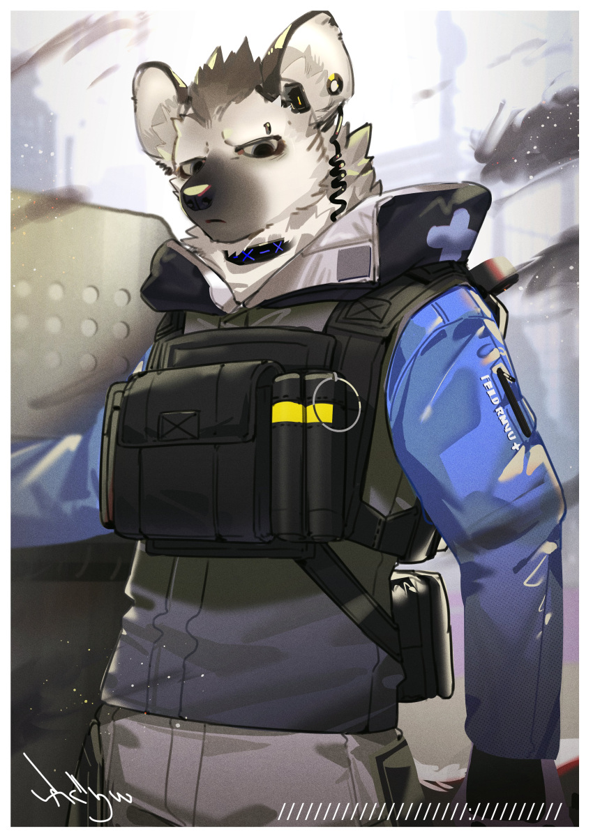 1boy, absurdres, arknights, black_vest, blue_shirt, commentary_request, ear_piercing, earpiece, eyebrow_piercing, furry, furry_male, grey_pants, highres, holding, holding_shield, hyena_boy, hyena_ears, hyena_tail, infection_monitor_(arknights), looking_at_viewer, male_focus, official_alternate_costume, omochi_kuitai, pants, piercing, shield, shirt, signature, spot_(arknights), spot_(professional)_(arknights), vest