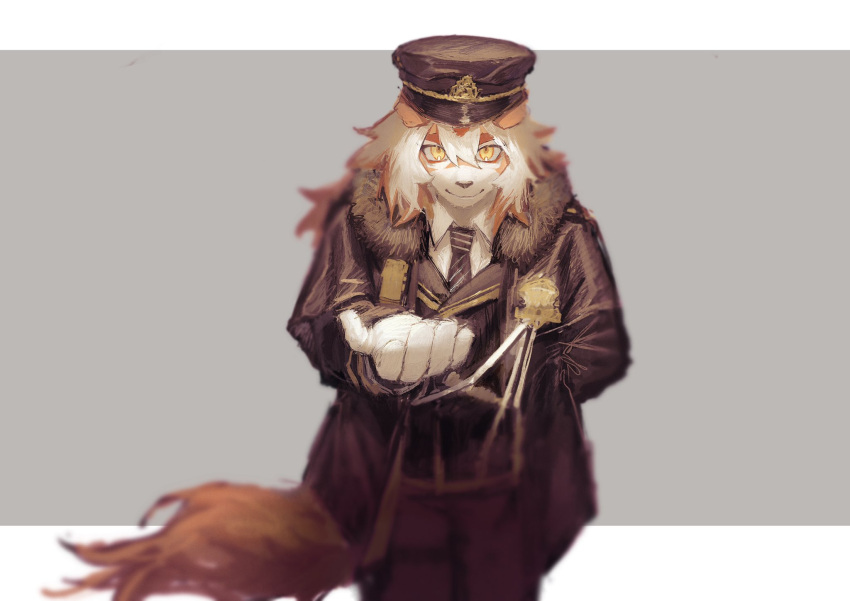 1boy, animal_ears, arknights, arm_behind_back, black_coat, black_headwear, black_pants, chinese_commentary