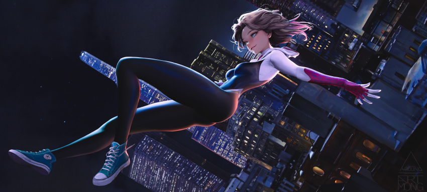 1girl, absurdres, artmong, blonde_hair, blue_eyes, bodysuit, breasts, cityscape
