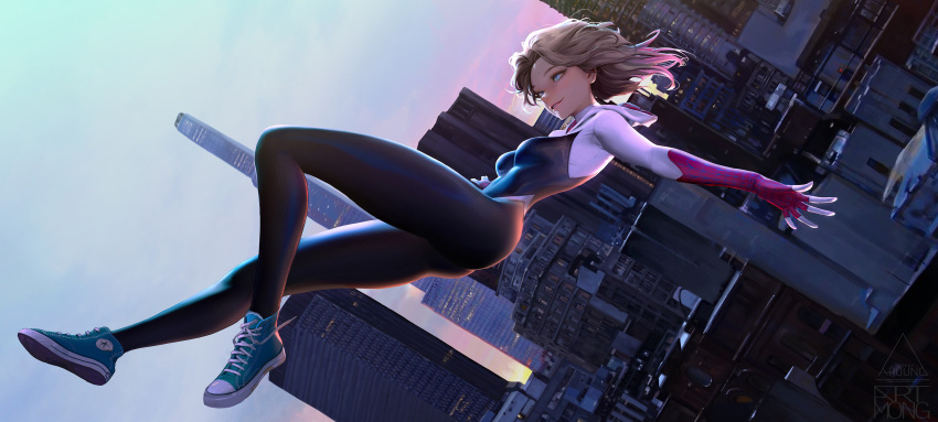 1girl, absurdres, artmong, blonde_hair, blue_eyes, bodysuit, breasts, cityscape