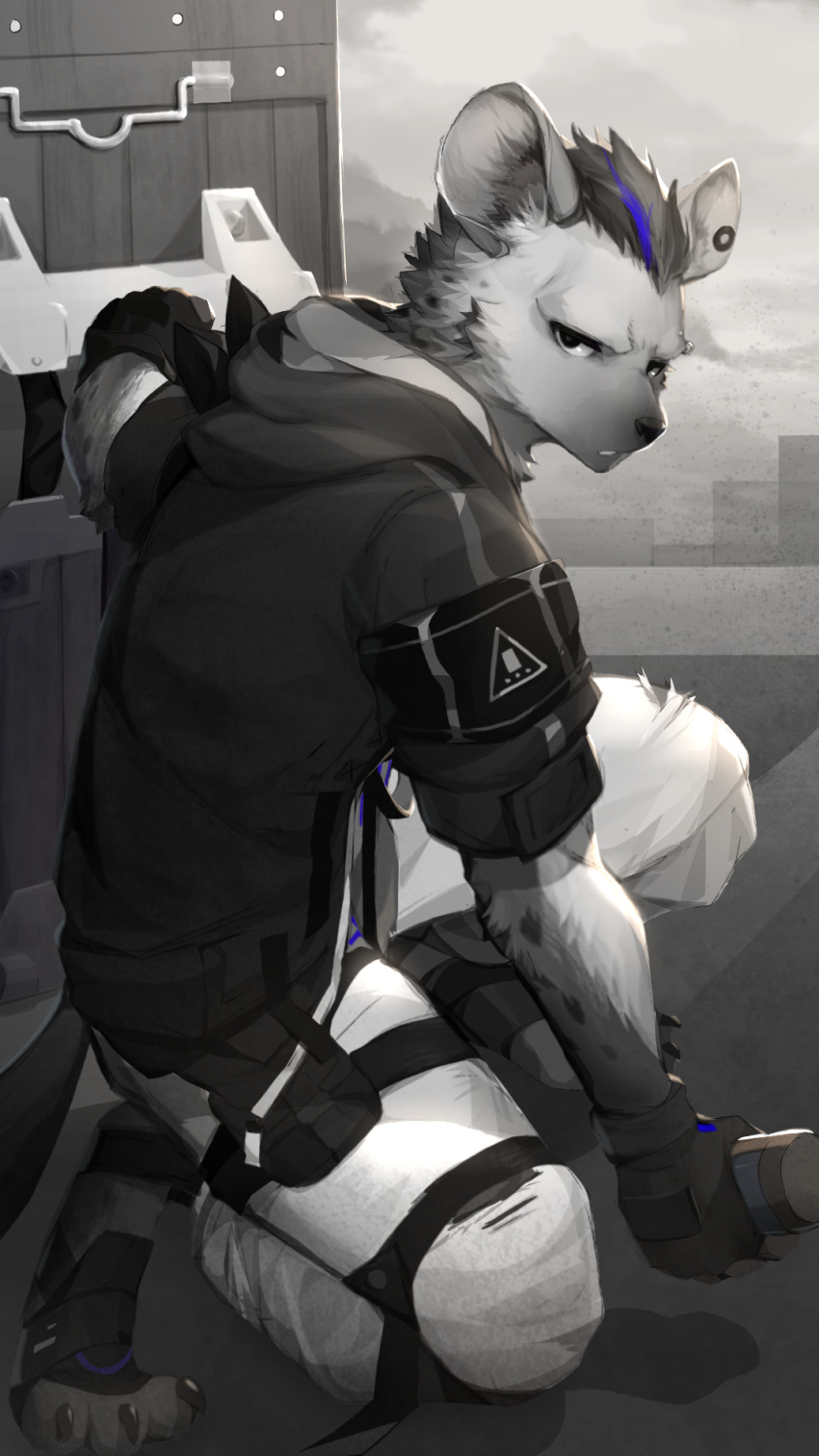 1boy, arknights, black_jacket, chinese_commentary, claws, commentary_request, ear_piercing, eyebrow_piercing