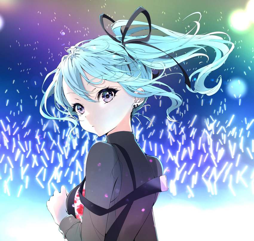 1girl, absurdres, blue_eyes, blue_hair, concert, earrings, expressionless, floral_print, from_behind, glowstick, highres, hololive, hoshimachi_suisei, hoshimachi_suisei_(shout_in_crisis), jewelry, lavie_(cestbonlavie), long_hair, long_sleeves, looking_at_viewer, looking_back, multiple_earrings, official_alternate_costume, ponytail, solo, suspenders, upper_body, virtual_youtuber